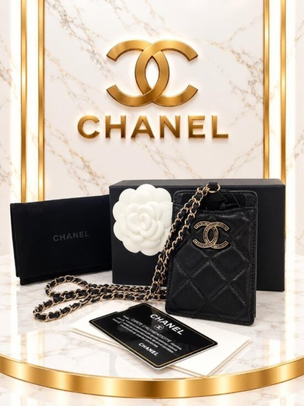 Authentic Chanel Black Quilted Leather Mini Phone Holder Chain Crossbody Bag